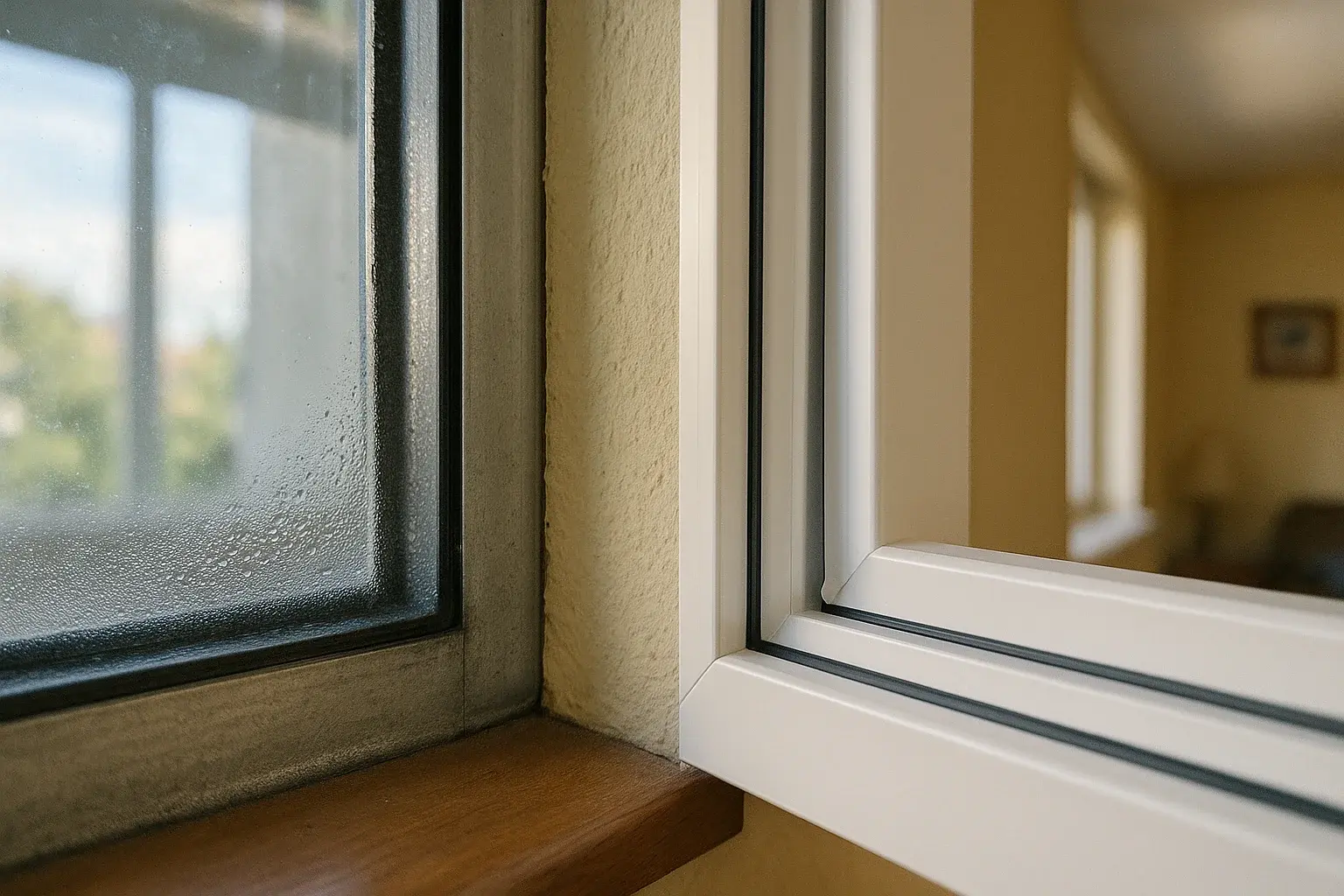 Stari aluminijumski prozor sa nakupljenim ledom pored novog Rehau PVC prozora sa vidljivim termalnim prekinima