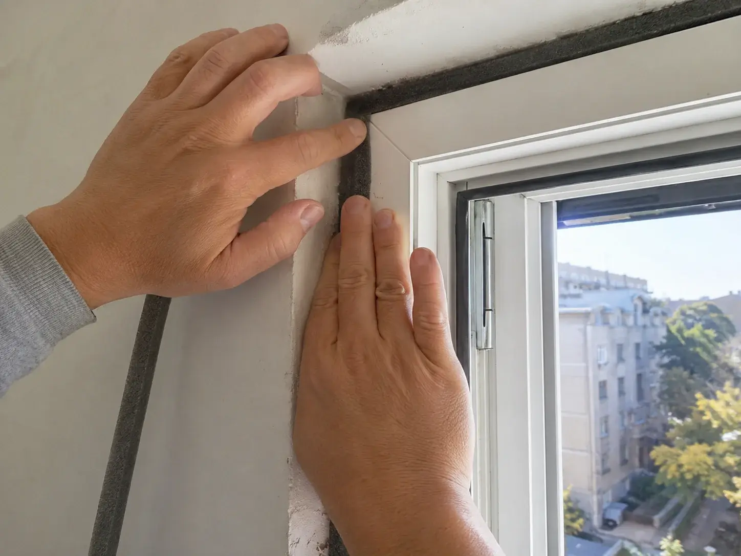 Monter pažljivo aplicira akustičnu paropropusnu traku oko obima prozorskog okvira.